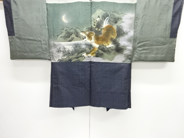  アンティーク　虎に三日月模様肩裏本場泥大島紬男物羽織